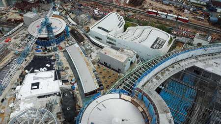 Bukit Bintang, Malaysia - July 17, 2020: aerial view of a construction site with crane in city...