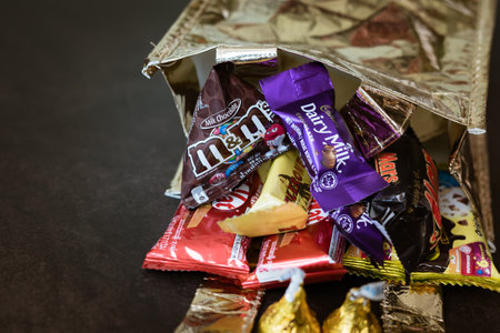 Kuala Lumpur, Malaysia - November 28, 2020: Miniature variety of chocolates produced by various confectionery company.のeditorial素材