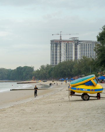 Negeri Sembilan, Malaysia - Sept 26, 2020:  People having fun at Port Dickson. Port Dickson is one of the famous tourist spot in Malaysia.のeditorial素材