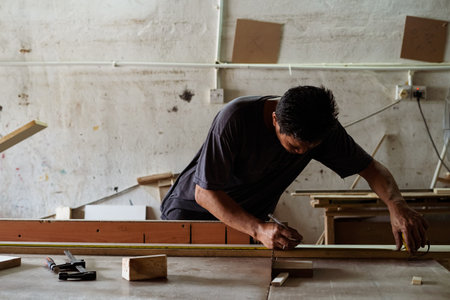 Negeri Sembilan, Malaysia - Dec 12, 2020:  Carpenter at work, measuring the wood. Mature man with carpenting tools in a workshop.のeditorial素材