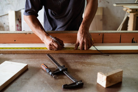 Carpenter measuring the wood at the workshop.の写真素材