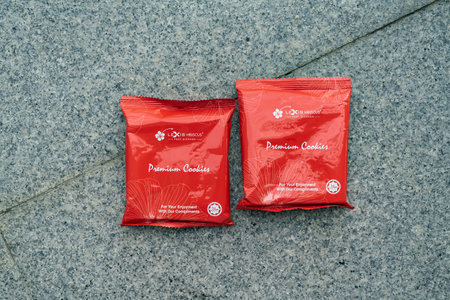 port dickson, Malaysia - December 18, 2020:  Nicely presented Premium Cookies wrapped in a plastic packaging in an hotel room as a giftのeditorial素材