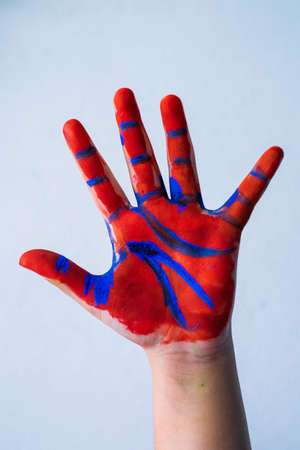 Red and blue, multi coloured child's painted hand up on the white backgroundの写真素材