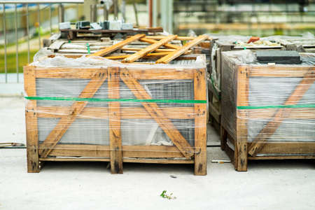 wooden crate pallet container for transportation, wooden crates shelf pallet of construction items.の写真素材