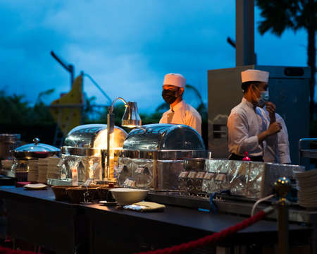 Port Dickson, Malaysia - December 18, 2020: Breakfast buffet with new normal covid 19 coronavirus prevention at Lexis Hibiscus Hotel and resorts.のeditorial素材