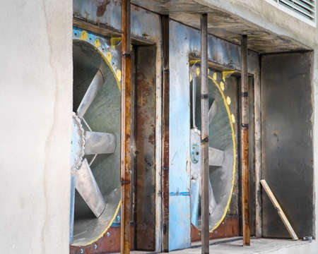 Close of of the ventilation fan using in grain dryer, detail of agriculture machinery, technology and engineering conceptの写真素材