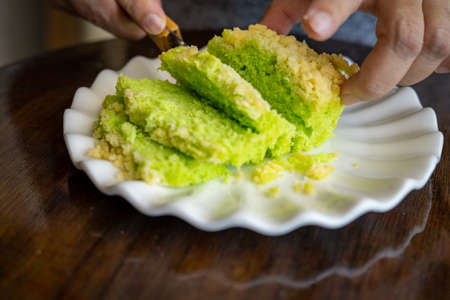 Pandan green cake with butter crumbs.の写真素材