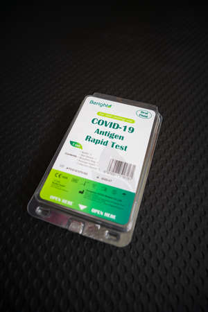 Kuala Lumpur, Malaysia - August 7, 2021 Beright Covid-19 Antigen Rapid Test. Coronavirus saliva test for infection SARS-CoV-2 testing.のeditorial素材