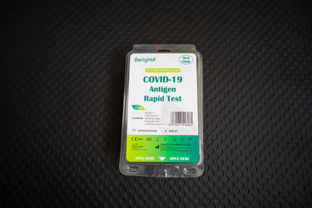 Kuala Lumpur, Malaysia - August 7, 2021 Beright Covid-19 Antigen Rapid Test. Coronavirus saliva test for infection SARS-CoV-2 testing.のeditorial素材