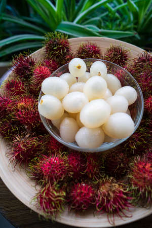 Rambutan, Malaysian sweet delicious fruits in bowl and bamboo plate in the balcony garden.の写真素材