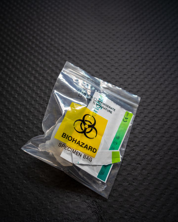Kuala Lumpur, Malaysia - August 7, 2021: Disposal of Covid 19 saliva test kit in a plastic bag after use. Biohazard specimen bag.のeditorial素材