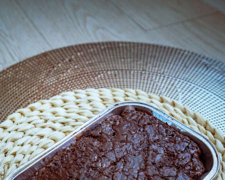 Brownies in an alumminium tray. Copy space.