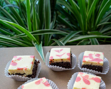 Cream cheese brownies in paper cups and wooden backgroundの写真素材