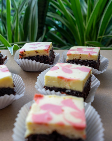 Cream cheese brownies in paper cups and wooden backgroundの写真素材