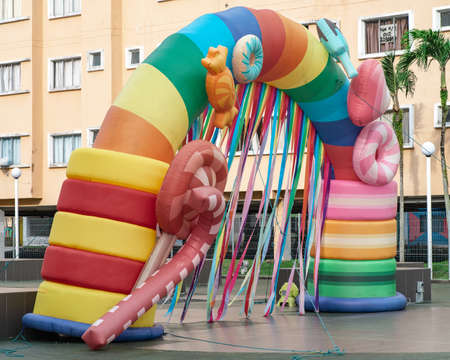 Port Dickson, Malaysia - Nov 19, 2021:   Colourful inflatable arch at the Ehsan Water park.