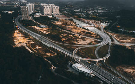 Aerial view of new developed town next to the highway toll exit in Selangor, Malaysia.の写真素材