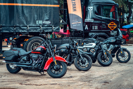 Kuala Terengganu, Malaysia - June 25, 2022: Motorcycles parking along the roadside during Terengganu bike week events.のeditorial素材