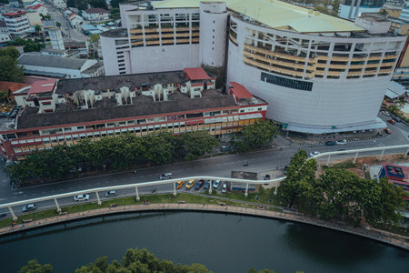 Melaka, Malaysia - Aug 25, 2022 Aerial view of Malacca city with the river.