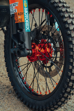 Pahang, Malaysia - Sept 24, 2022 Enduro motorcycle bike tyre rims.