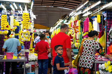 Brickfields, Malaysia - Oct 22, 2022 People shopping Indian Garlands for Deepavali or Diwali...