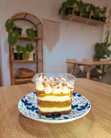 Carrot cake in a container with different layers of buttercream.の写真素材