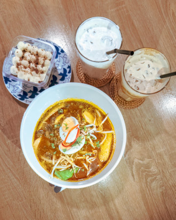 Curry Noodles which is a popular traditional spicy noodle soup from the culture in Malaysia.の写真素材