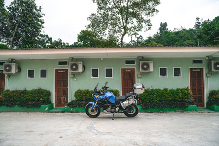 Perak, Malaysia - Aug 12, 2022 Super Tenere motorcycle parking at the jungle resort in Gopeng.のeditorial素材