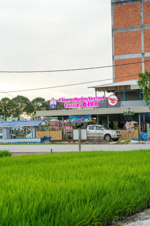 Sekinchan, Malaysia - Oct 5, 2022: Chinese Muslim Seafood restaurant called Taste by DIka near the paddy field.のeditorial素材
