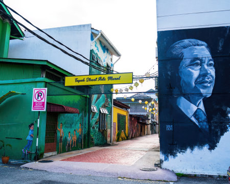 Perak, Malaysia - Aug 12, 2022 : Tapah street Art Mural enterance. Tapah is a unique place with vintage buildings.のeditorial素材