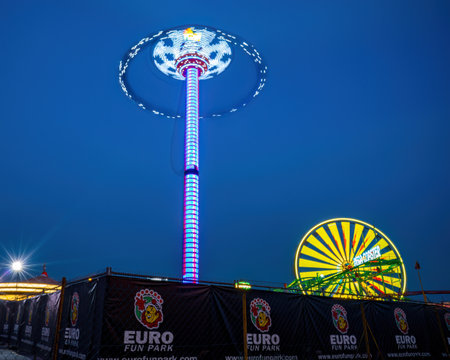 Bukit Jalil, Malaysia - Aug 16, 2022 Euro Fun Park fun fair at night.のeditorial素材