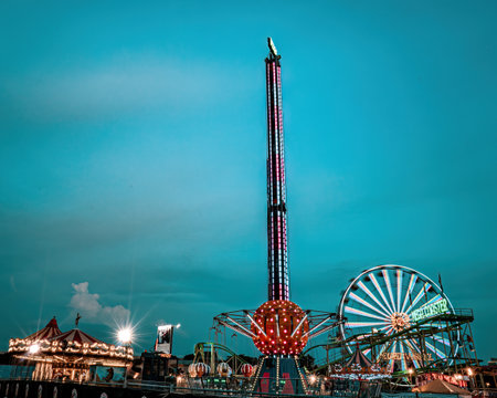 Bukit Jalil, Malaysia - Aug 16, 2022 Euro Fun Park fun fair at night.のeditorial素材