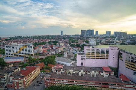 Melaka, Malaysia - Aug 25, 2022 Panoramic view of city skyline, traffic and light during sunset. Colourful city lights.のeditorial素材