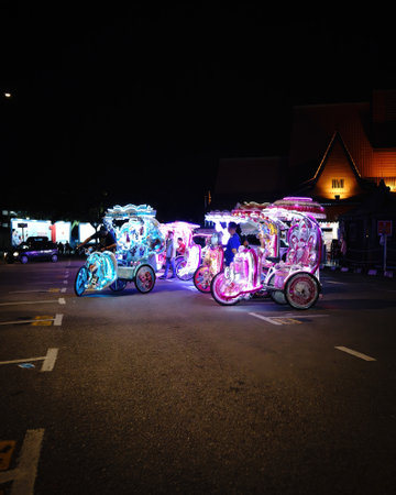 Melaka, Malaysia - Aug 25, 2022 Neon rickshaws in the city.のeditorial素材