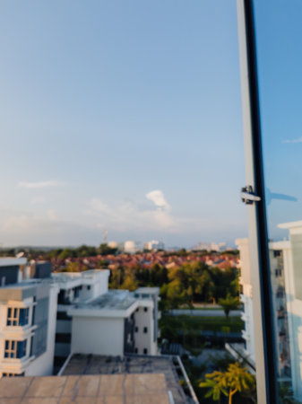 View from window with sunrise blue skies. copy space for textの写真素材