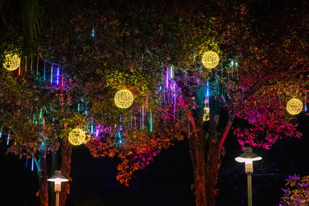 Led lights on the trees in the garden. Neon fairy party.の写真素材