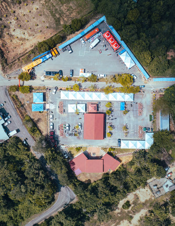 National park Kuala Tahan village parking space high angle view. Drone aerial photo.の写真素材