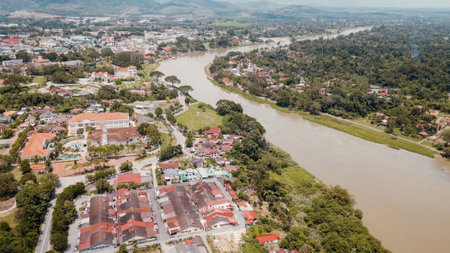Aerial view of Kuala Kangsar town near the river in Malaysia.の写真素材