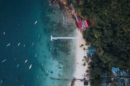 Top view or aerial view of fisherman village with white beach and boats in summer of tropical island named Perhentian Kecilの写真素材