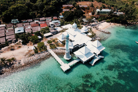 Aerial view of Masjid Besar Mosque on the Perhentian Islands in Malaysiaの写真素材