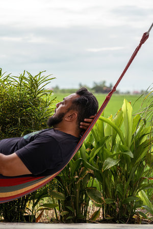 Green plants overlooking rice paddy fields with Asian bearded man is sitting in a hammock on the foreground.の写真素材