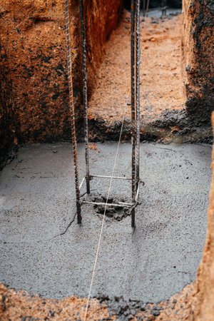 Wet Concrete or motrar mixing texture. Gray mortar, concrete surface. Foundation with steel rebar.の写真素材