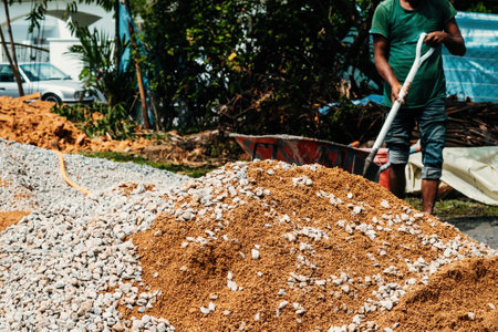 Sand and stones at a house renovation construction site in Malaysia.の写真素材