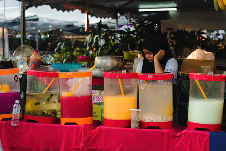 Putrajaya, Malaysia - Aug 10, 2022 Colourful drinks at the street stall during MAHA expo.