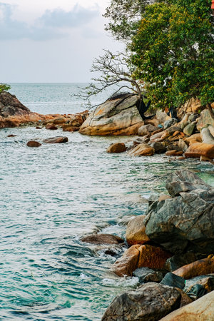 Rocks by the beach in tropical island. Long expsure.の写真素材