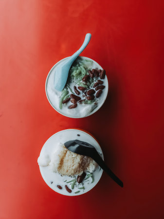 Malaysia tradition iced sweet desserts Cendol served in white bowls. Top view image.の写真素材