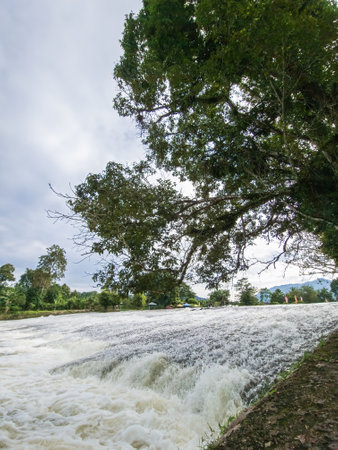 Flowing river stream in a tropical village.の写真素材