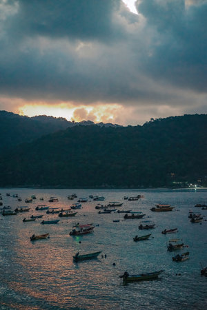 Boats floating during blue hour sunrise in Perhentian Island, Terengganu, Malaysia.の写真素材