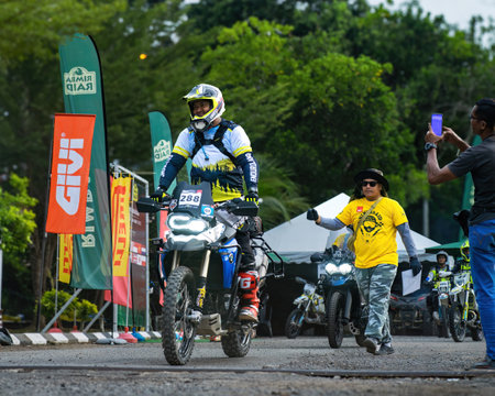 Pahang, Malaysia - Sept 24, 2022 Motorcyclists at the starting point in Rimba Raid event.のeditorial素材