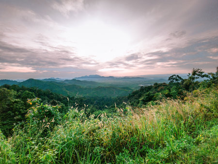 View of mountains during sunrise in Wang Kelian, Perlis, Malaysia.の写真素材
