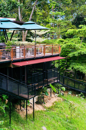 Industrial style stairs on the hills connecting places. High angle view.の写真素材